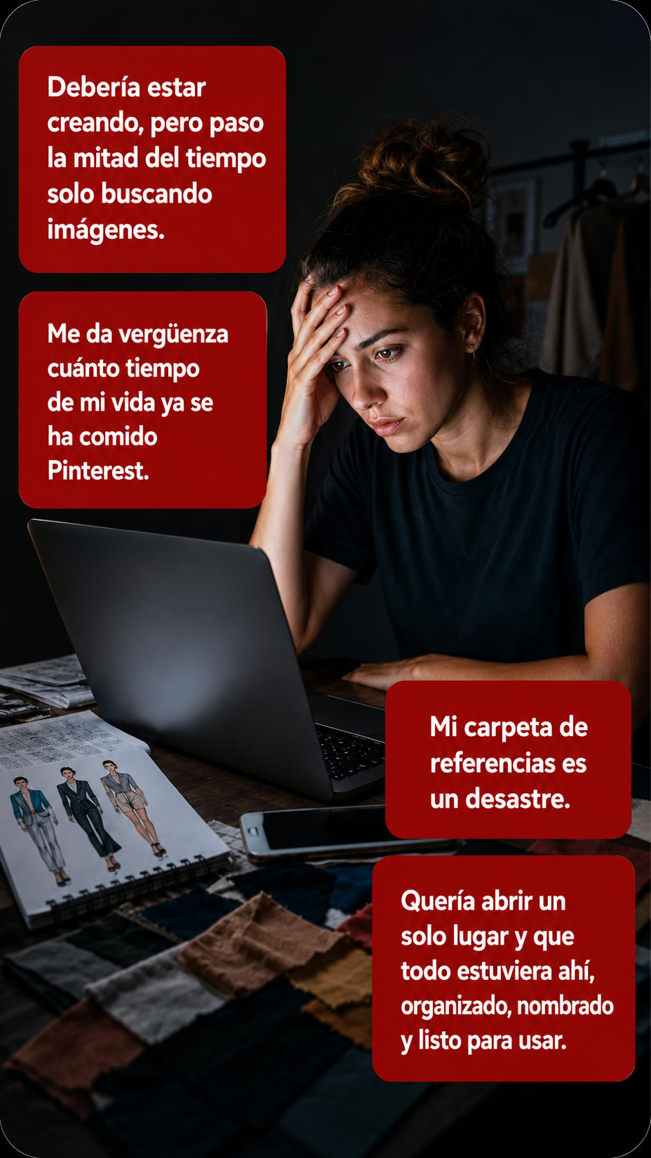 Diseñadora frustrada buscando referencias en Pinterest